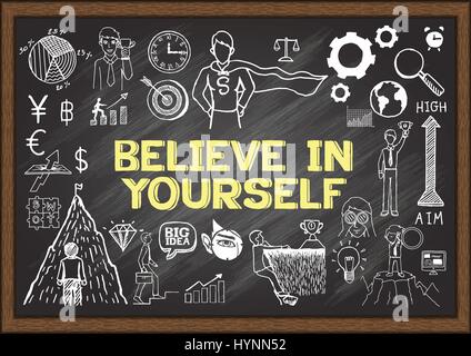 Icônes dessinées à la main sur LA FOI EN VOUS-MÊME sur le tableau de surveillance. Illustrations vectorielles Illustration de Vecteur