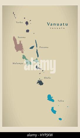 Carte moderne - Vanuatu provinces colorés avec des noms VU Illustration de Vecteur