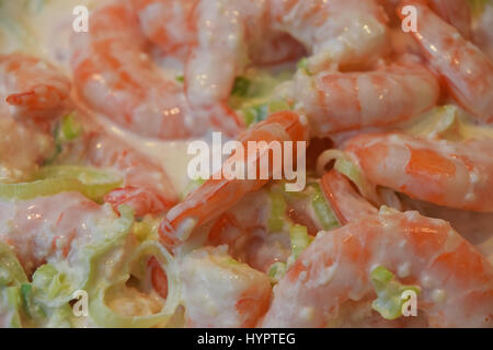 Salade de crevettes fraîches avec légumes et sauce blanche, Close up, high angle view, point de vue personnel Banque D'Images