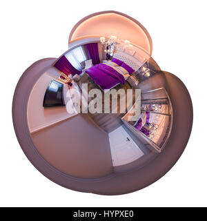 Illustration 3d 360 degrés sphérique transparente, panorama du design d'intérieur chambre à coucher. La chambre est faite dans des tons violet et blanc dans un style classique Banque D'Images