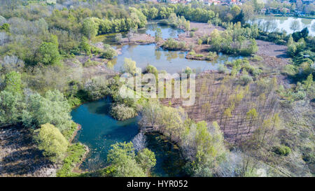 Nature et paysage : Vue aérienne d'une forêt et de lacs, vert et d'arbres dans un paysage sauvage Banque D'Images