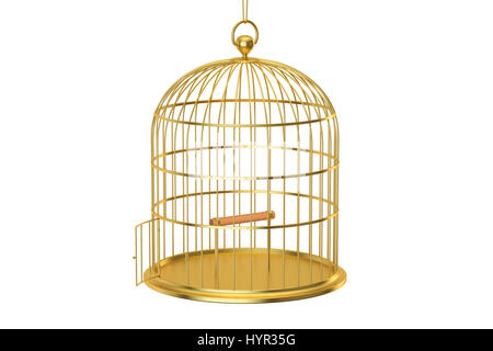 Golden cage à oiseaux avec porte ouverte, rendu 3D isolé sur fond blanc Banque D'Images