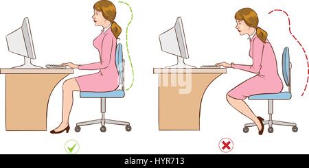 Fille assise à un poste informatique ergonomique. Illustration de Vecteur