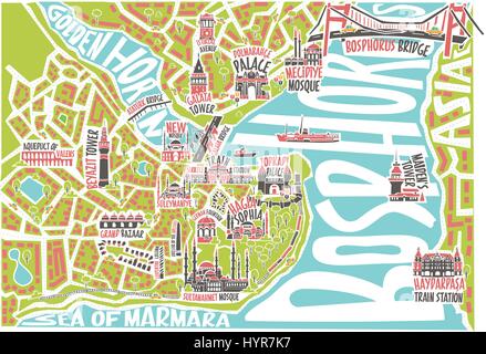 Couleur d'illustration vectorielle Istanbul map avec des sites célèbres Illustration de Vecteur