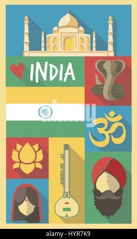 Dessin rétro symboles culturels de l'Inde sur une affiche et une carte postale Illustration de Vecteur