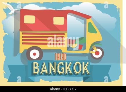 Illustration vecteur de tuk tuk Thaïlande Bangkok le style rétro affiche ou carte postale. Illustration de Vecteur