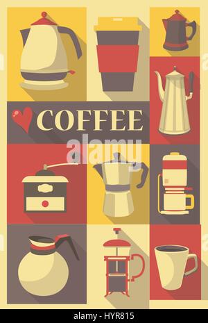 Retro style affiche ou carte postale avec différents types de cafetières Illustration de Vecteur