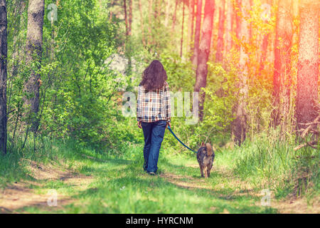 Jeune femme avec chien marcher dans la forêt au coucher du soleil Banque D'Images