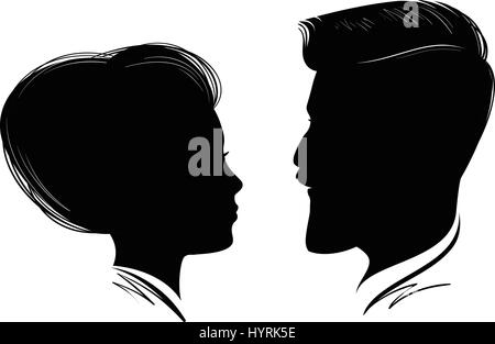 Portrait de l'homme et de la femme. Profil de tête, silhouette noire. Mariage, amour, gens symbole. Vector illustration Illustration de Vecteur