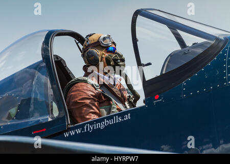 Flying Bulls pilote dans sa Chance Vought F4U-4 Corsair avion le 13 juillet 2013 à Cambridge, Cambridgeshire, UK Banque D'Images