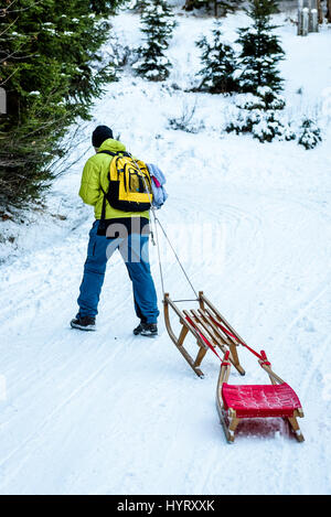 Personne n'est en tirant sur le traîneau route de montagne dans les bois. Les personnes actives dans les activités de sports d'hiver avec le traîneau glisse neige route forestière. Banque D'Images