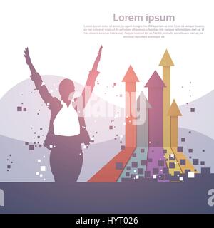 Silhouette de femme d'affaires heureux de tenir la main les bras levés, concept gagnant succès Finances Illustration de Vecteur