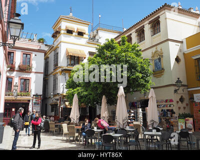 Vue d'une cour verdoyante avec un bar et restaurant dans le vieux quartier de Barrio Santa Cruz de Séville en Espagne Banque D'Images