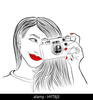 Vector illustration monochrome. Belle fille avec les lèvres et les ongles rouges. Photographe souriant avec ancien appareil photo. Illustration de Vecteur