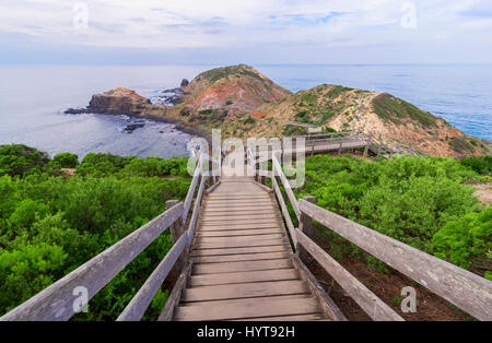 Vue sur la belle Cape Schanck promenade et la plage de galets à partir de ci-dessus. Une belle vue sur une passerelle en bois menant à la mer et la plage Banque D'Images