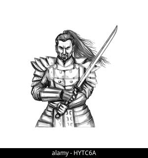 Illustration d'un style de tatouage Samurai Warrior holding katana sword une épée en position de combat vu de l'avant ensemble isolées sur fond blanc. Banque D'Images