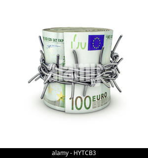 Interdit de l'argent euros / 3D illustration de roulé cent billets attachés avec du fil de fer barbelé Banque D'Images