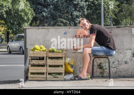 CHISINAU, MOLDOVA - 11 août 2015 : Jeune homme assis sur un tabouret la vente de raisins dans la capitale de la Moldavie. Les raisins, et les fruits sont généralement plus Banque D'Images