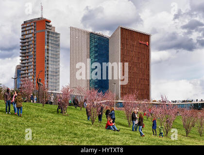 Vilnius, Lituanie - 23 Avril 2016 : People walking de Sakura ou cherry tree blossom garden au centre-ville de Vilnius, en Lituanie, au printemps Banque D'Images