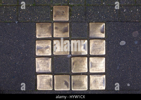 Allemagne, Cologne, Stolpersteine (pierres d'achoppement) par l'artiste Gunter Demnig. Les pierres de rendre hommage aux victimes du national-socialisme (nazisme). Banque D'Images