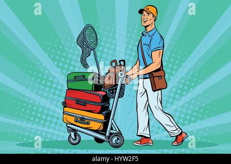 Passager voyageur avec bagages sur le chariot Illustration de Vecteur