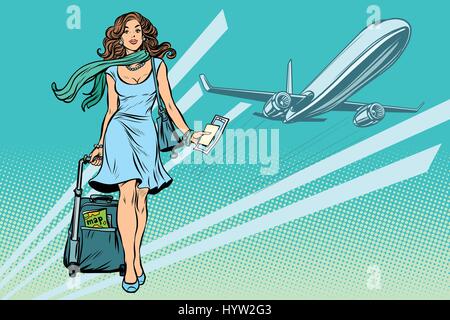 Belle jeune femme avec bagages à l'aéroport Illustration de Vecteur