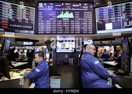 New York, USA. Apr 26, 2017. Traders travailler à la Bourse de New York à New York, États-Unis, le 26 avril 2017. Stocks américains fermé mercredi après l'administration d'Atout a annoncé le plan fiscal tant attendu. Le Dow Jones Industrial Average a reculé de 21,03 points, ou 0,10 %, à 20975.09. Le S&P 500 effacé 1,16 point, soit 0,05  %, à 2 387,45. L'indice composé Nasdaq a perdu 0,27 points, soit moins de 0,01  %, à 6 025,23. Credit : Wang Ying/Xinhua/Alamy Live News Banque D'Images