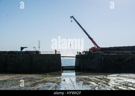 Mousehole, Cornwall, UK. 7 avril 2017. Le bois massif madriers qui protègent le port de Mousehole pendant l'hiver, sont retirées aujourd'hui. Au cours du week-end, les petits bateaux de pêche seront remis dans le port prêt pour la saison à venir. Crédit : Simon Maycock/Alamy Live News Banque D'Images