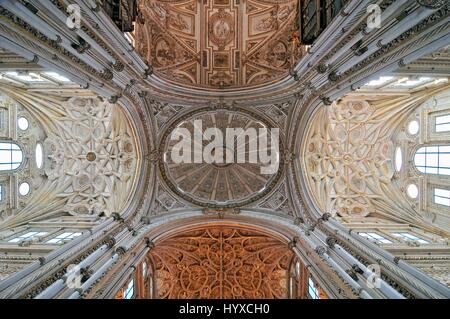 Intérieur de la cathédrale Mezquita, nervuré de plafonds voûtés et de dome du transept à Cordoba, en Espagne. Banque D'Images