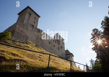 Kasperk château se dresse au sommet d'une colline que le soleil éclate à travers les arbres dans la forêt de Bohême de Sumava. Banque D'Images