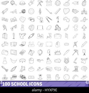 100 school icons set style du contour, Illustration de Vecteur