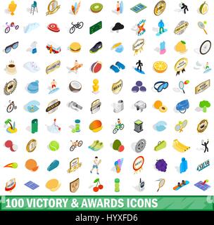 100 la victoire et awards icons set, style isométrique Illustration de Vecteur