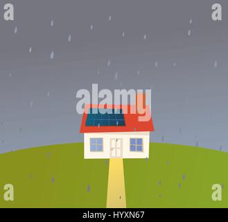 Maison de dessin animé sous la pluie avec des panneaux solaires sur le toit. Illustration de Vecteur