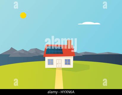 Maison de dessin animé sur un lac avec des panneaux solaires Illustration de Vecteur