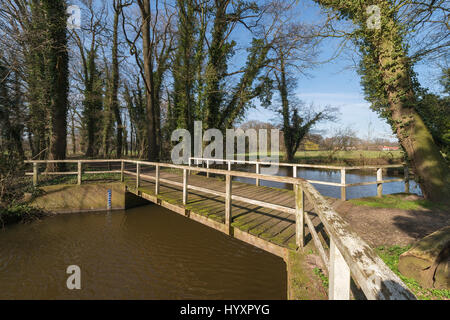 Aperçu de l'ancien pont de bois sur le ruisseau le Boven-Slinge près de Winterswijk dans l'Achterhoek au début du printemps dans les Pays-Bas Banque D'Images