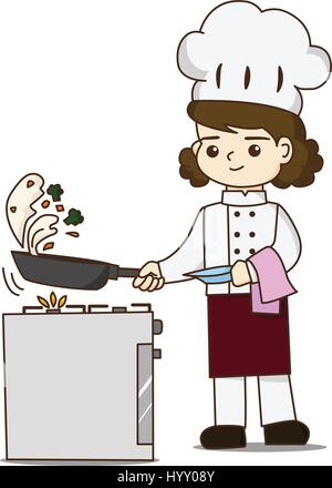 Joli chef making nourriture délicieuse, elle jeter la nourriture dans la poêle Illustration de Vecteur
