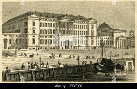 Gravure 1854 anciens, 'Le Palais Royal de Copenhague, à Christiansborg Christiansborg.' Palace est un palace et de gouvernement s'appuyant sur l'île de Slotsholmen au centre de Copenhague, Danemark. C'est le siège du Parlement danois, le Bureau du Premier ministre danois et de la Cour suprême du Danemark. SOURCE : gravure originale. Banque D'Images