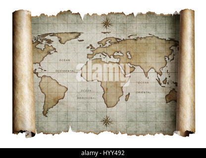Ancienne carte du monde nautique isolés de défilement Banque D'Images