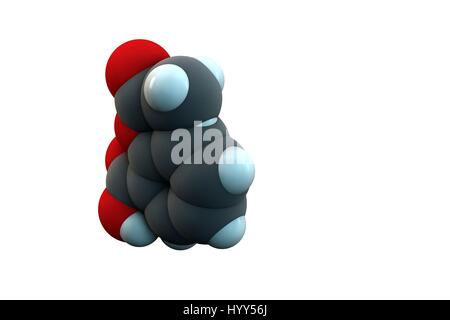 L'acide acétylsalicylique (aspirine) soulagement de la molécule du médicament. L'aspirine est un médicament qui est utilisé pour son soulagement de douleur, de la fièvre et la réduction des propriétés anti-inflammatoires. La formule chimique est C9H8O4. Les atomes sont représentés comme des sphères : le carbone (gris), l'hydrogène (blanc), l'oxygène (rouge). L'illustration. Banque D'Images