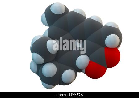 L'alitrétinoïne (9-cis-rétinoïque) cancer du sein et de l'eczéma molécule pharmaceutique. De l'analogique de la vitamine A. La formule chimique est C20H28O2. Les atomes sont représentés comme des sphères : le carbone (gris), l'hydrogène (blanc), l'oxygène (rouge). L'illustration. Banque D'Images