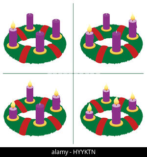 La guirlande en première, deuxième, troisième, quatrième dimanche de l'Avent - avec un, deux, trois et quatre chandelles en différentes longueurs. Banque D'Images