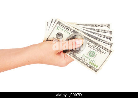 Woman's hand avec pile de dollars isolated on white Banque D'Images