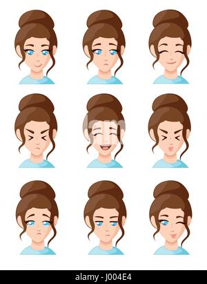 Belles caricatures femme montrant différentes émotions émotion femme icon set emoji pour intérieurs télévision style design vector illustration. Illustration de Vecteur