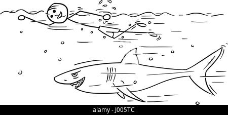 Cartoon vector stickman smiling bénéficiant d'une ramper sur été vacances avec grand requin autour de Illustration de Vecteur