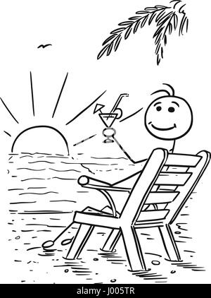 Cartoon vector stickman smiling profiter de vous détendre assis sur la chaise de plage sous palmier de boire son verre et regarder le coucher du soleil Illustration de Vecteur