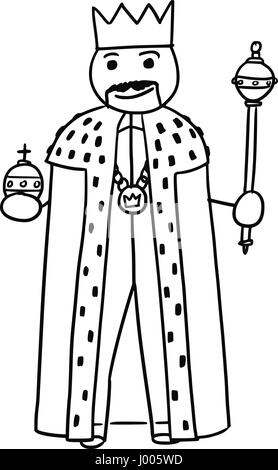 Cartoon vector stickman roi médiéval se posant en robe noire avec couronne royale, sceptre et Apple Illustration de Vecteur