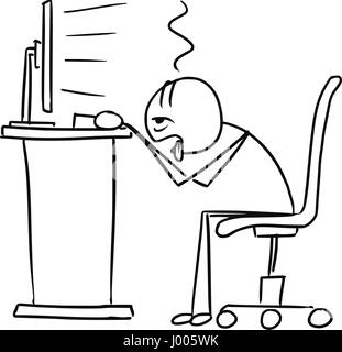 Vector Cartoon doodle stick man office worker travaille sur l'ordinateur et la surcharge de fatigue mortelle Illustration de Vecteur
