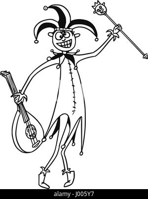 Cartoon vector médiéval fantastique jester fool clown bouffon avec chapeau, le sceptre et la cithare ou de la guitare Illustration de Vecteur