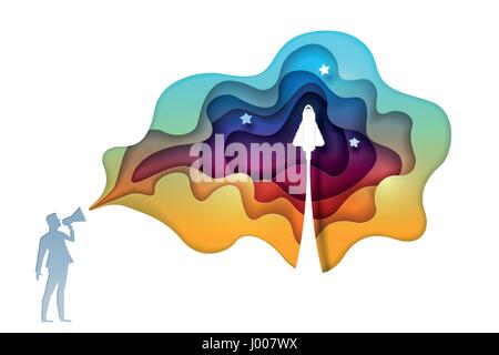 Illustration du concept d'entreprise. Homme d'affaires est annoncé le lancement du projet de démarrage. fusée symbole Style art papier vector illustration. Les éléments sont la Illustration de Vecteur