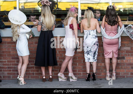 Santé Randox Grand National, Liverpool, Merseyside. 8 avril 2017. La mode pour à la santé Randox Grand National à Aintree hippodrome à Liverpool, Merseyside. Le plus célèbre événement dans le calendrier des courses de chevaux accueille des gens sur ce défilé très spécial de la plus belle femme de la mode. Des milliers de femmes séduisantes pour l'intermédiaire de l'entrée sur le seul et unique "Grand National". Jusqu'à 90 000 visiteurs sont attendus à la spectaculaire course de chasse National. Banque D'Images